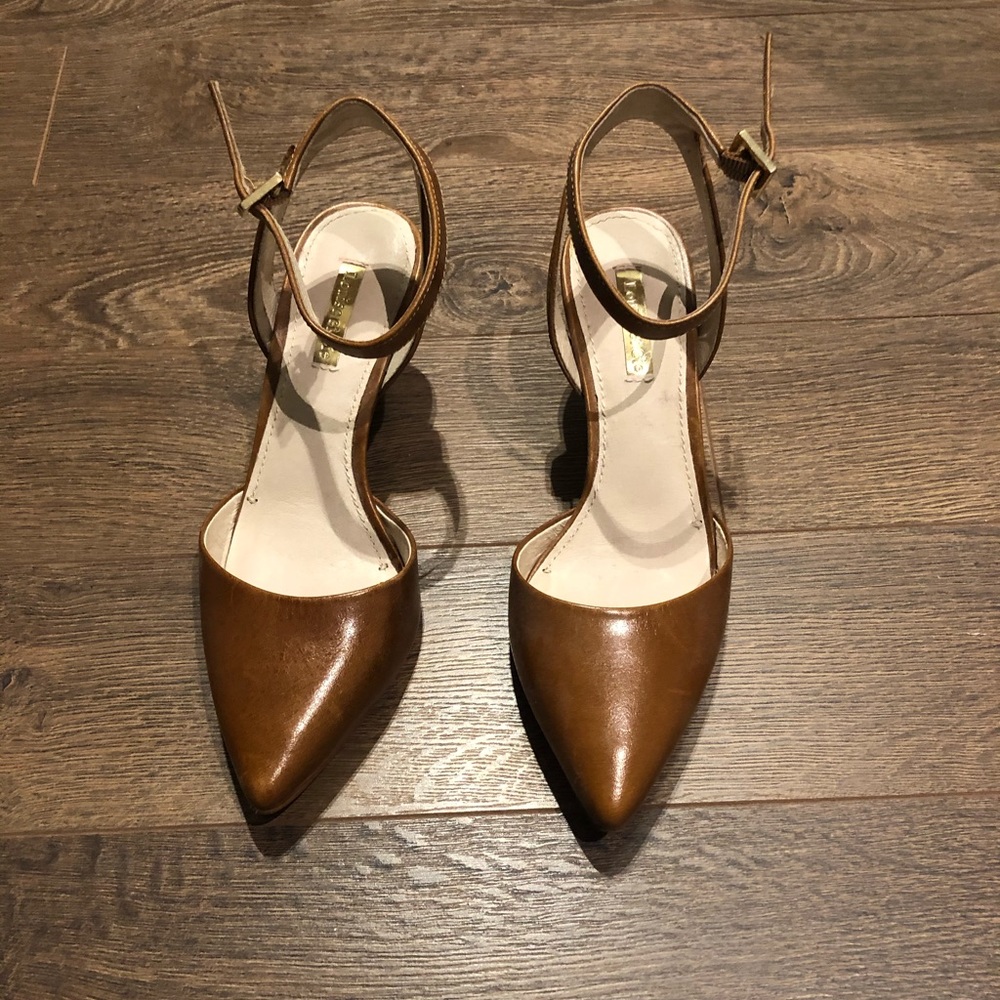 Brown heels, low heel.